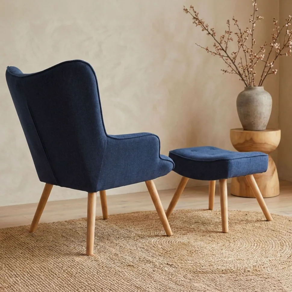 Fauteuil scandinave + pouf Lylou Tissu Bleu