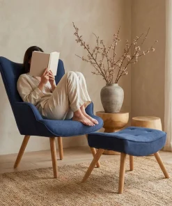 Fauteuil scandinave + pouf Lylou Tissu Bleu