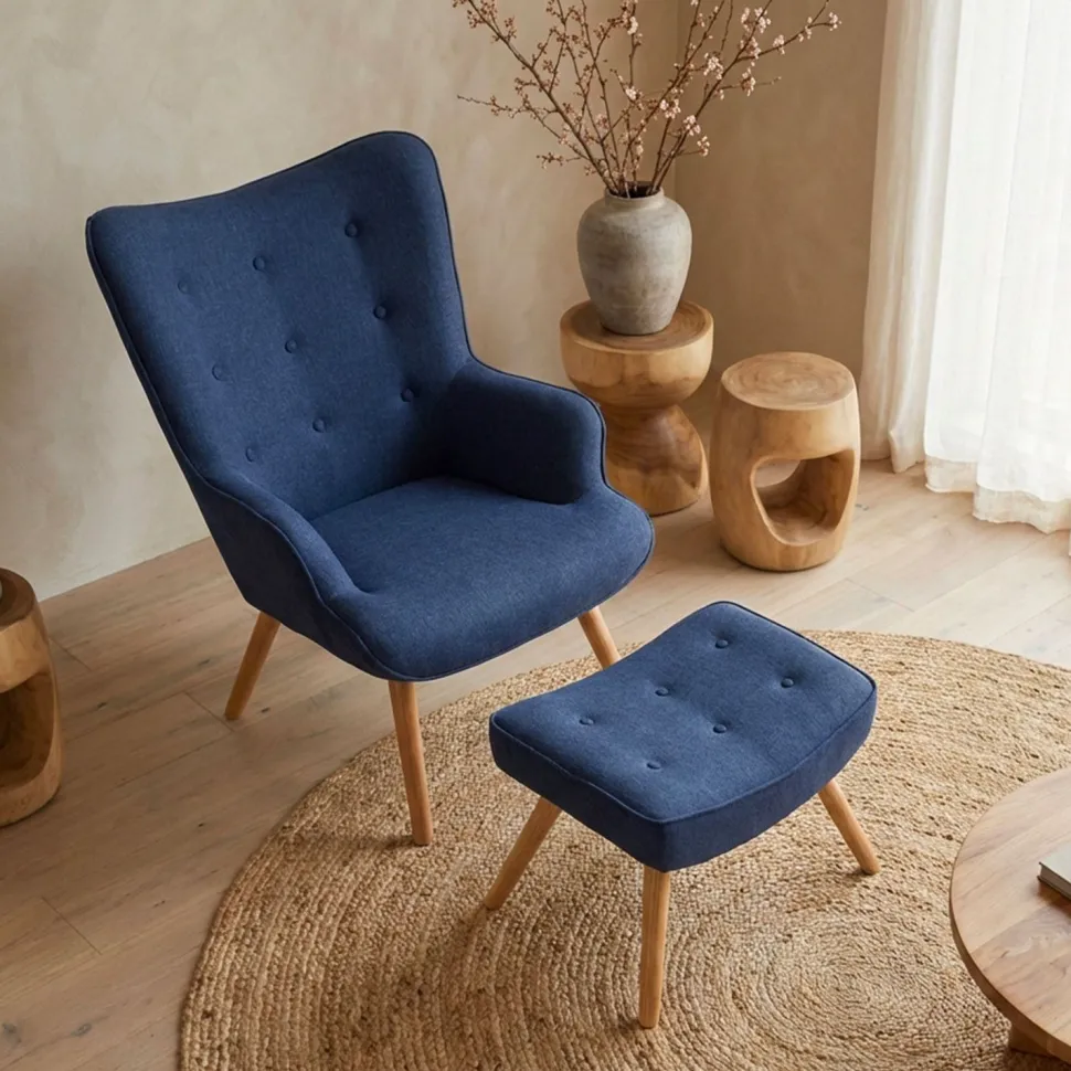 Fauteuil scandinave + pouf Lylou Tissu Bleu
