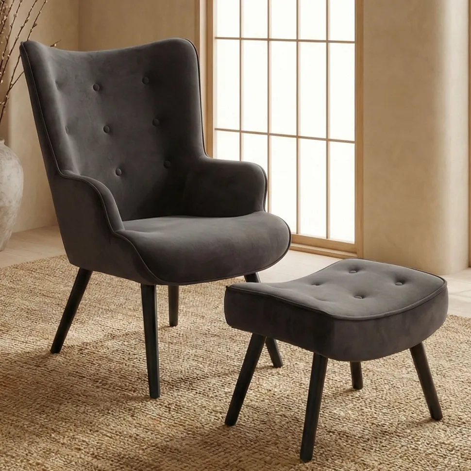 Fauteuil scandinave + pouf Lylou Velours Noir