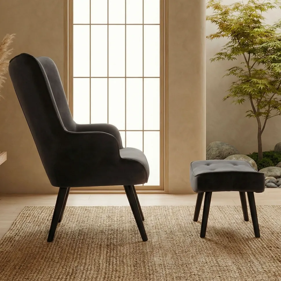 Fauteuil scandinave + pouf Lylou Velours Noir