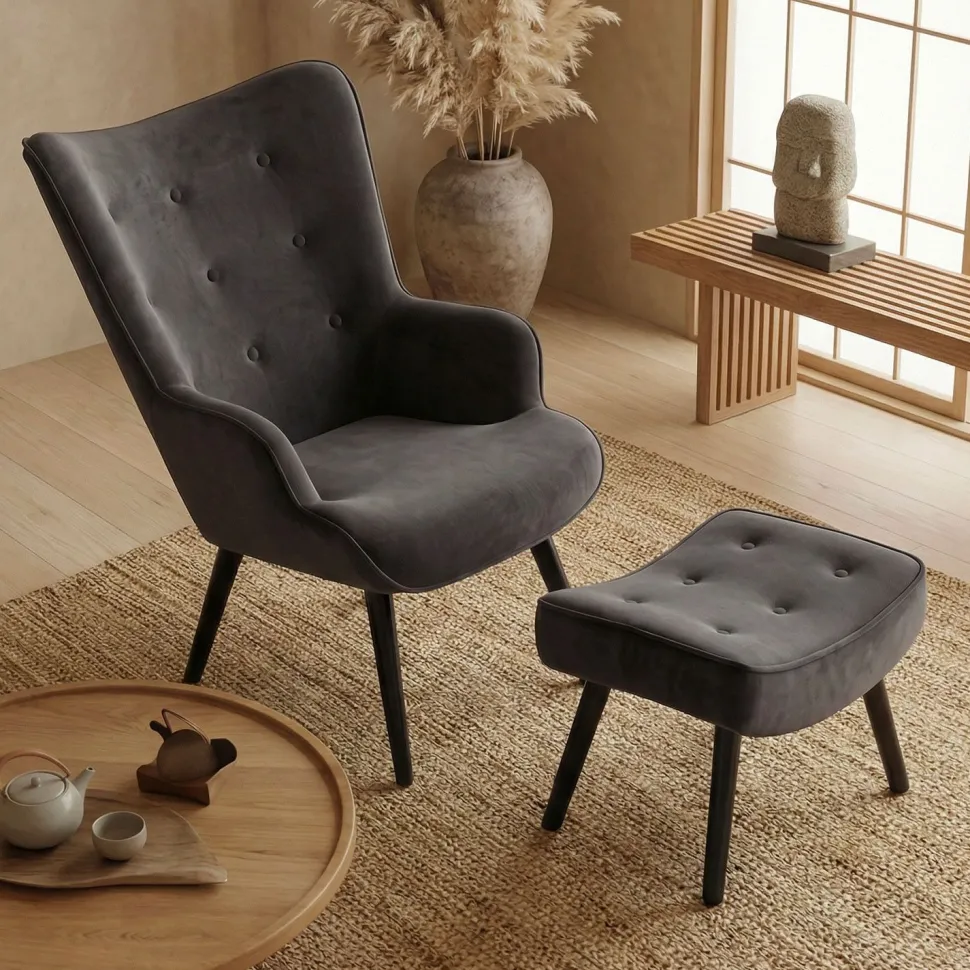 Fauteuil scandinave + pouf Lylou Velours Noir