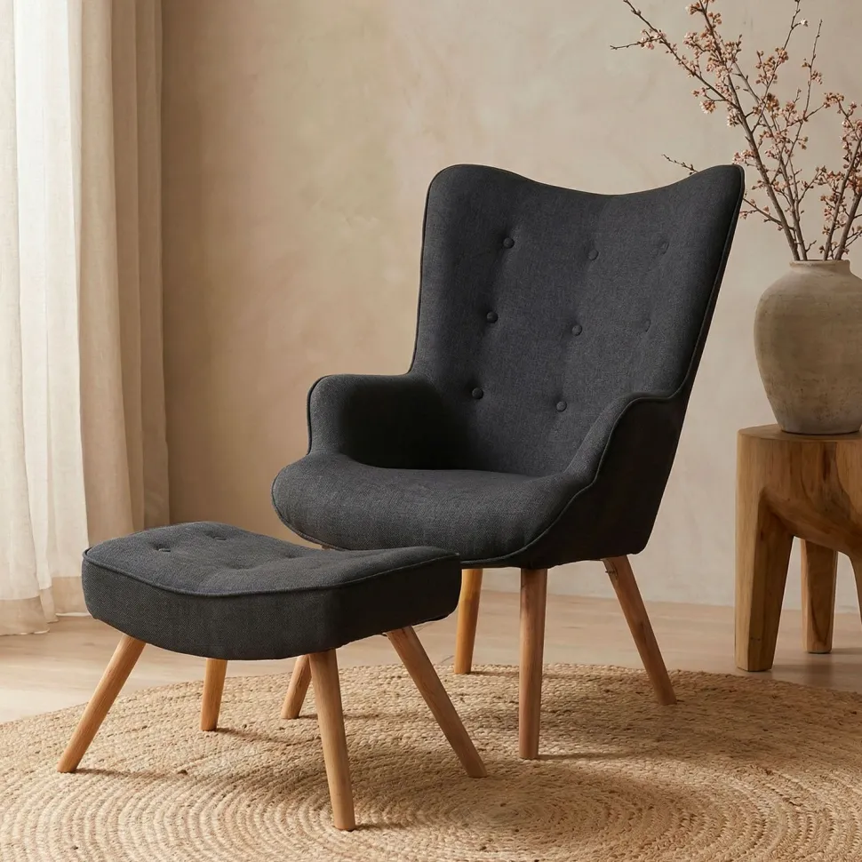 Fauteuil scandinave + pouf Lylou Tissu Noir