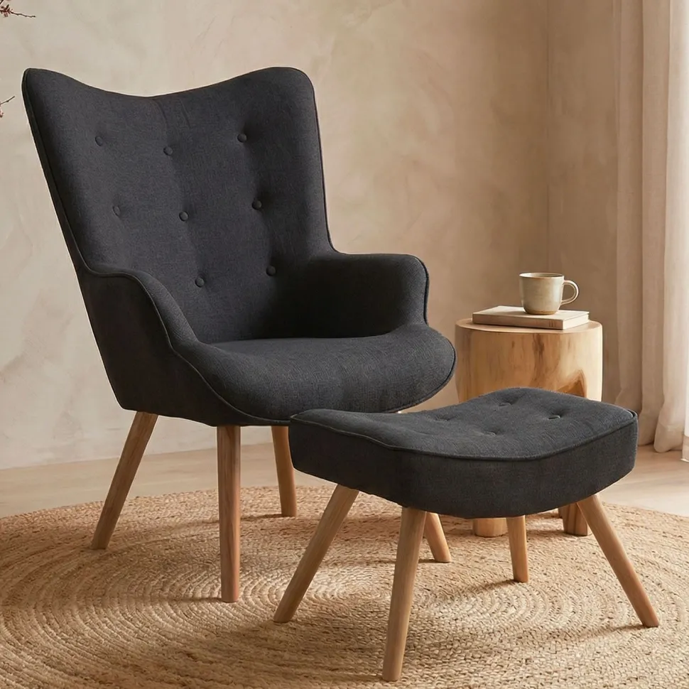 Fauteuil scandinave + pouf Lylou Tissu Noir