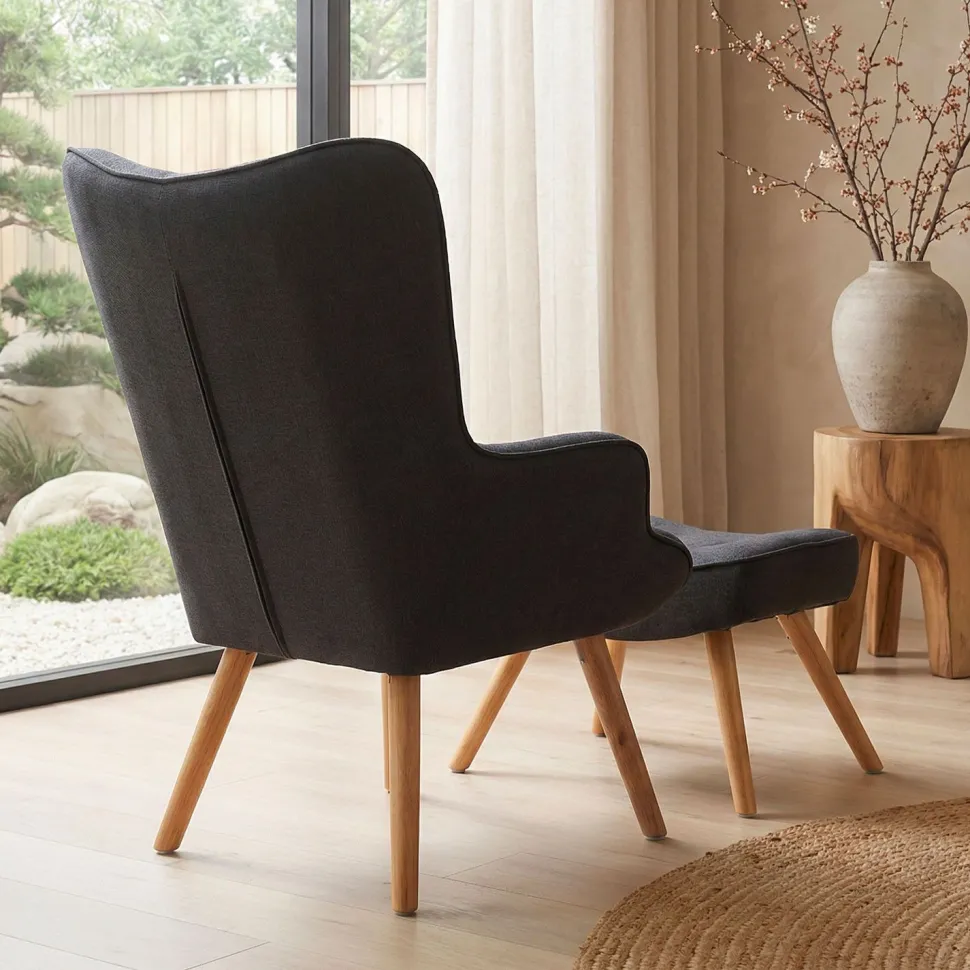 Fauteuil scandinave + pouf Lylou Tissu Noir