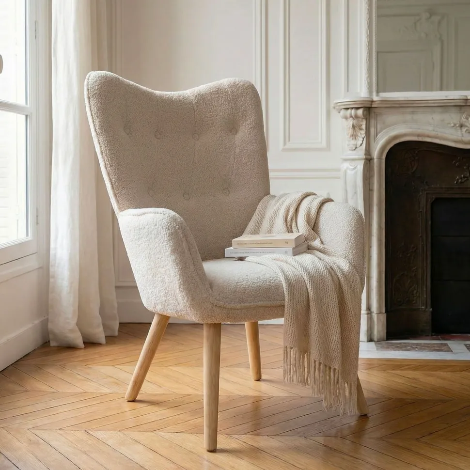 Fauteuil scandinave Klarys Tissu bouclette lainée Crème