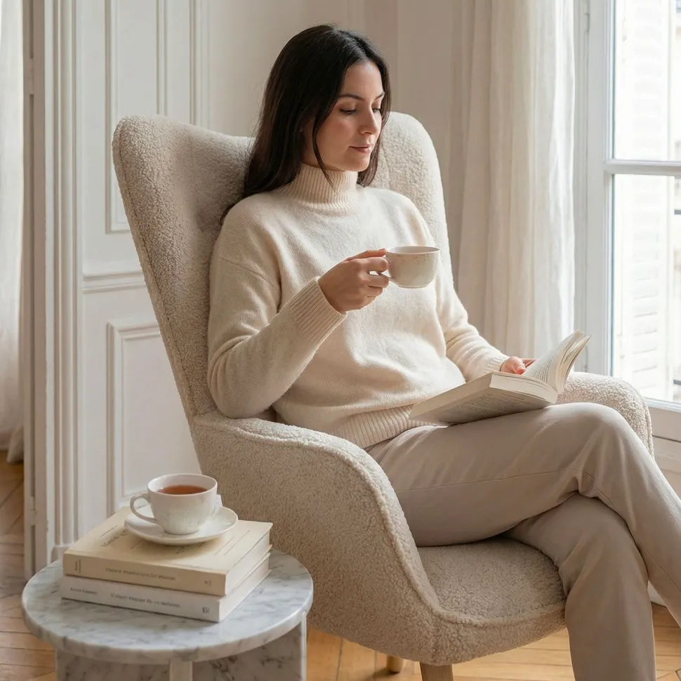 Fauteuil scandinave Klarys Tissu bouclette lainée Crème