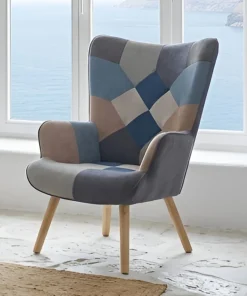 Fauteuil scandinave Lyliane Effet patchwork Velours Gris et Bleu
