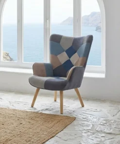 Fauteuil scandinave Lyliane Effet patchwork Velours Gris et Bleu