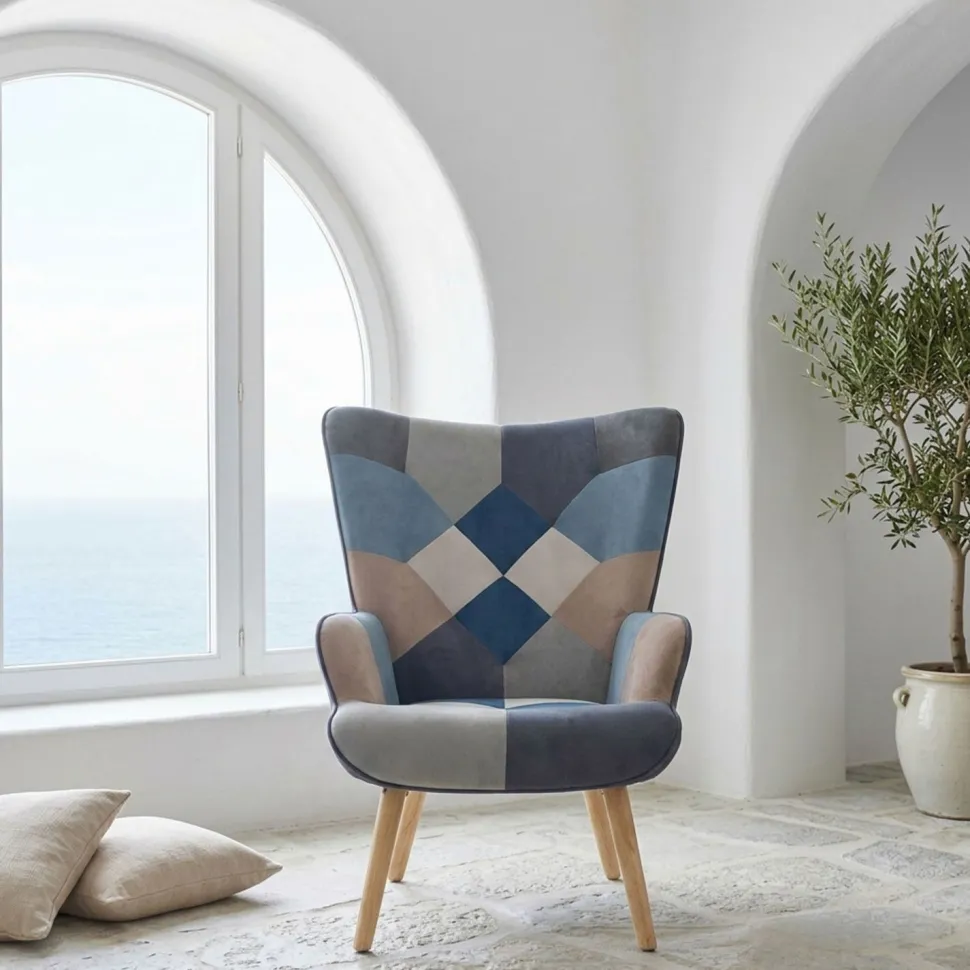 Fauteuil scandinave Lyliane Effet patchwork Velours Gris et Bleu