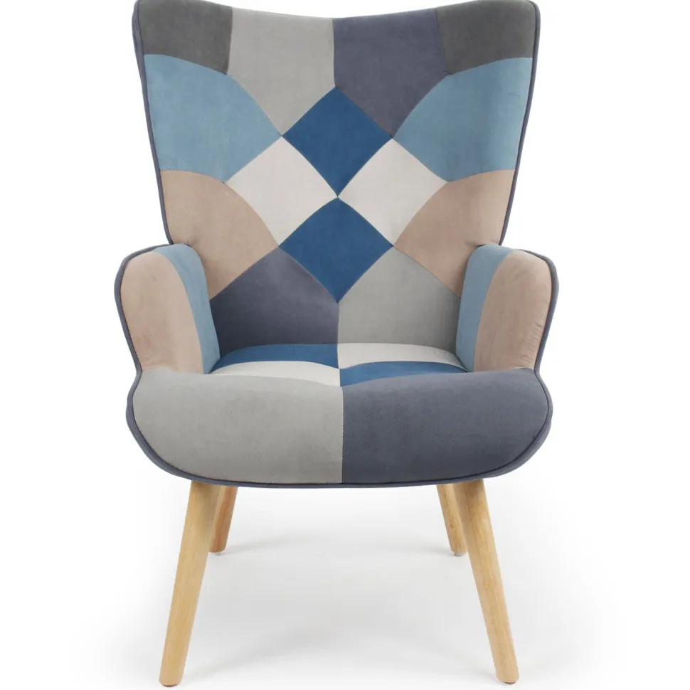 Fauteuil scandinave Lyliane Effet patchwork Velours Gris et Bleu