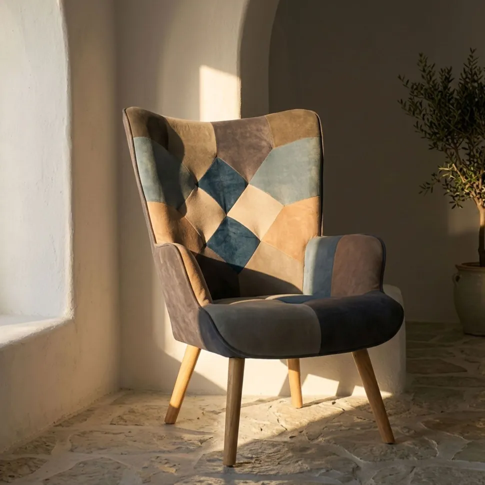 Fauteuil scandinave Lyliane Effet patchwork Velours Gris et Bleu