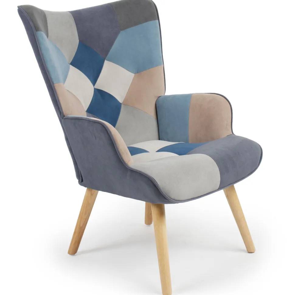 Fauteuil scandinave Lyliane Effet patchwork Velours Gris et Bleu