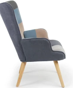 Fauteuil scandinave Lyliane Effet patchwork Velours Gris et Bleu