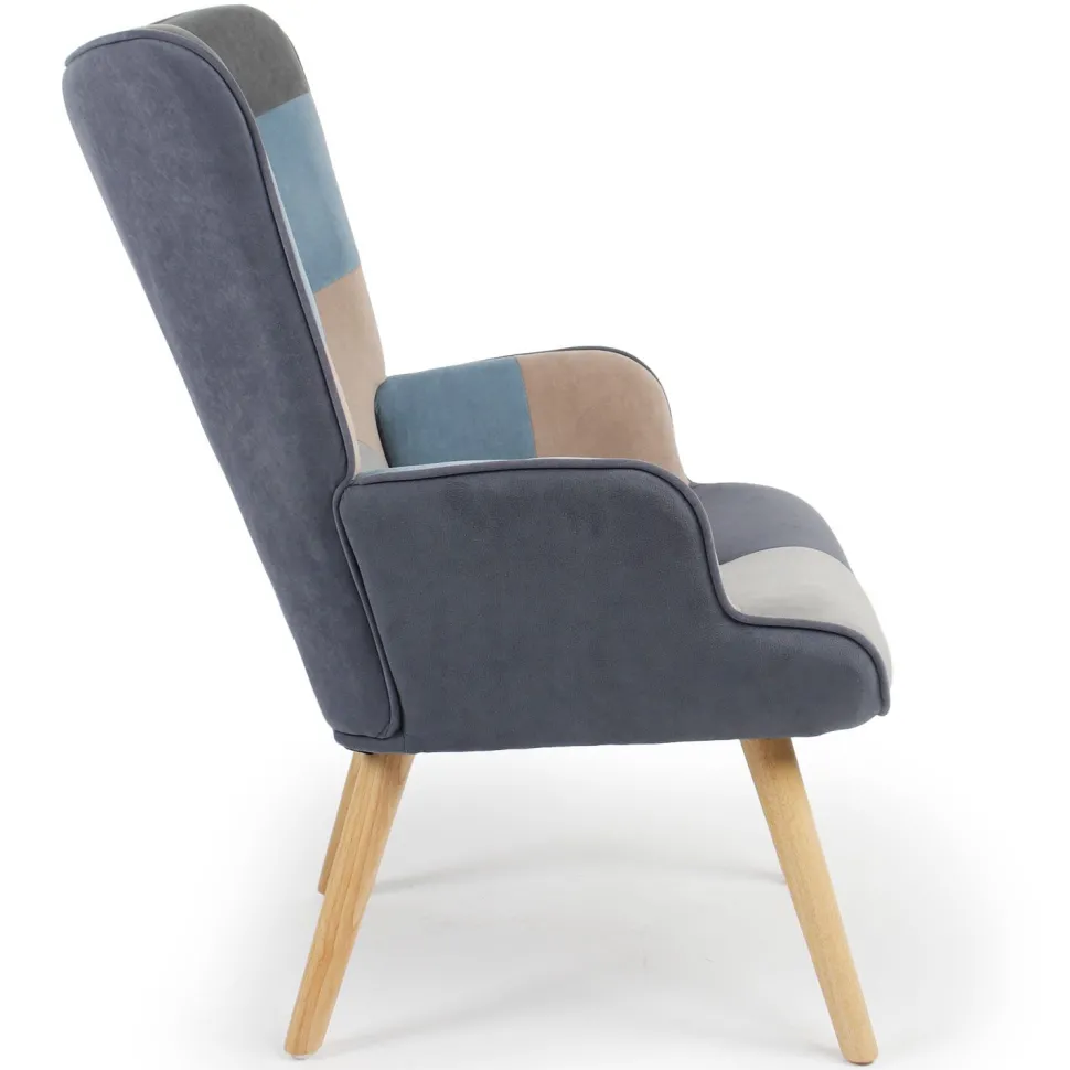 Fauteuil scandinave Lyliane Effet patchwork Velours Gris et Bleu