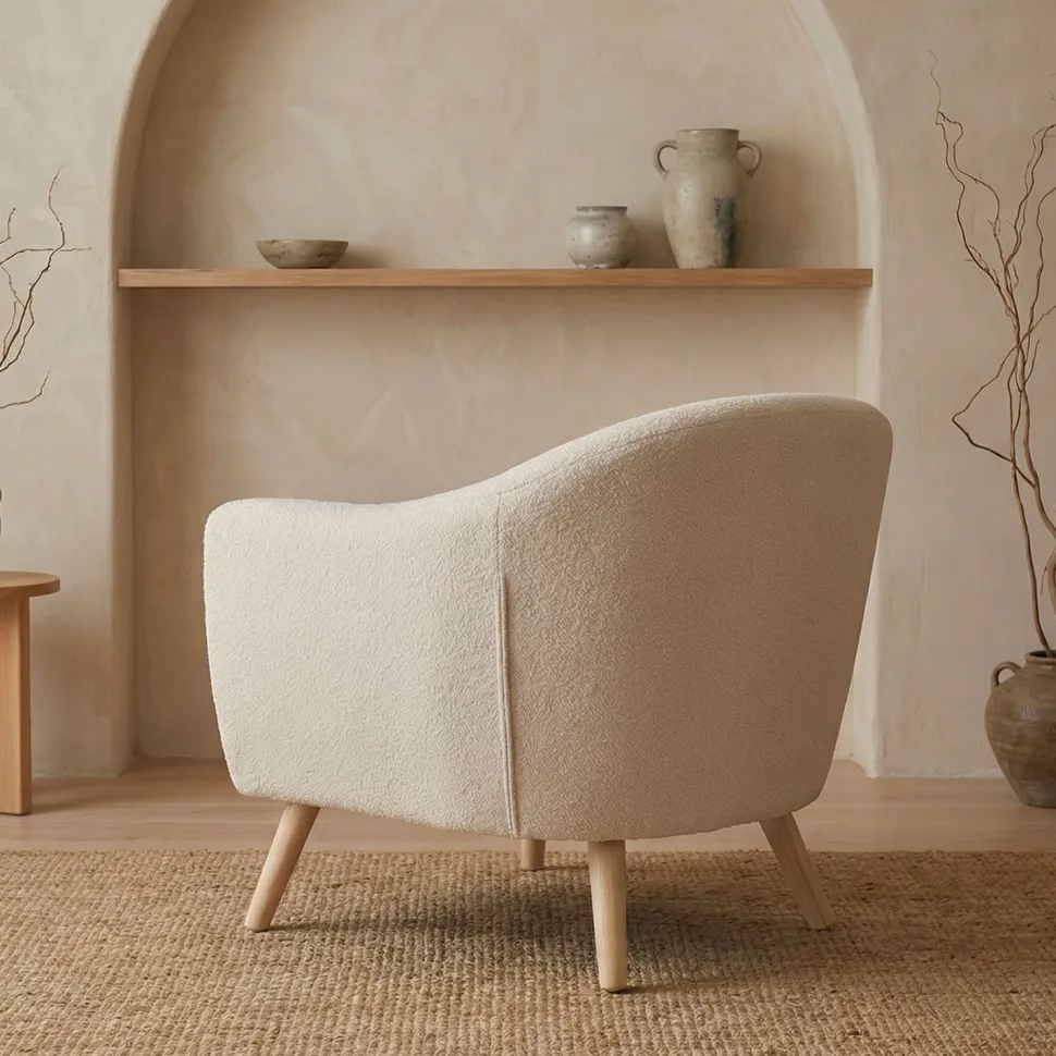 Fauteuil scandinave Savoy Tissu bouclette lainée Crème
