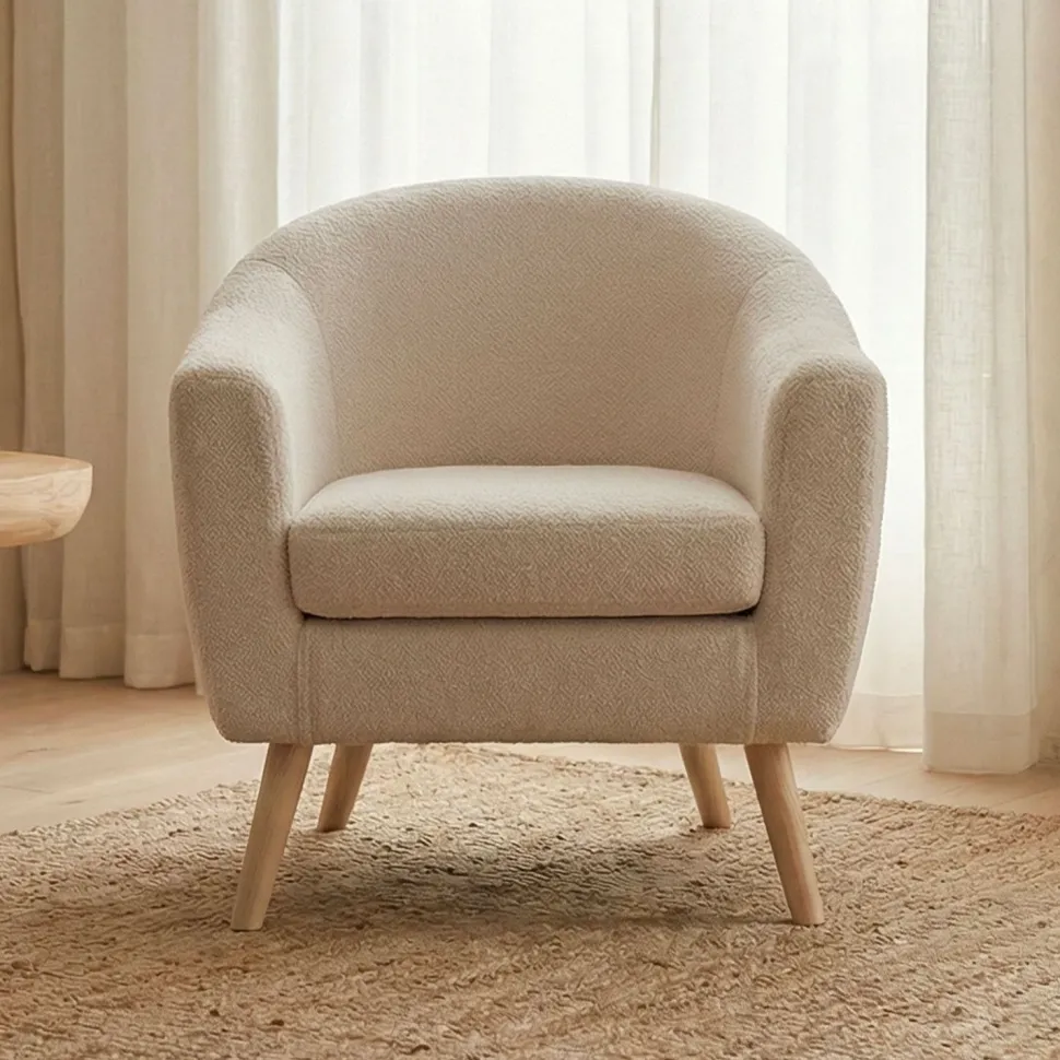 Fauteuil scandinave Savoy Tissu bouclette lainée Crème