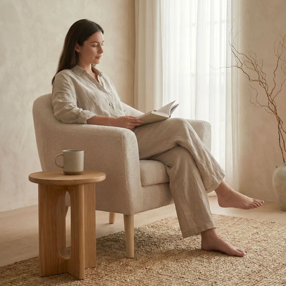 Fauteuil scandinave Savoy Tissu bouclette lainée Crème