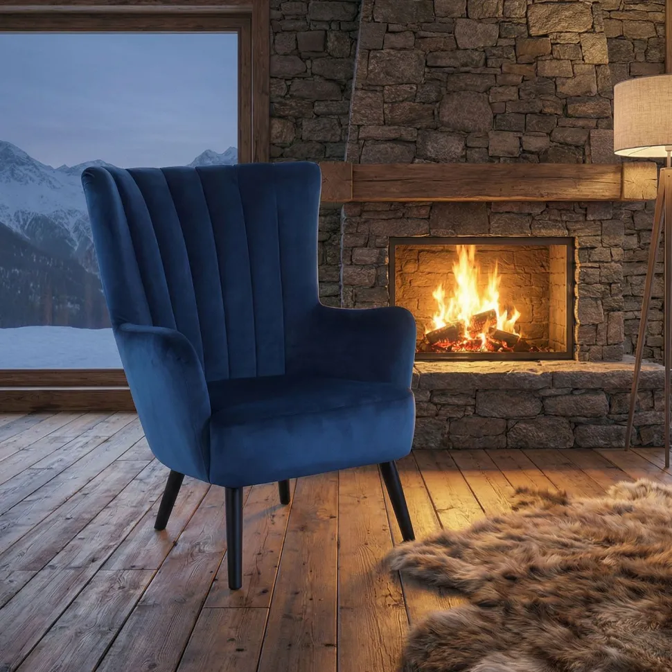 Fauteuil scandinave Vidal en Velours Bleu