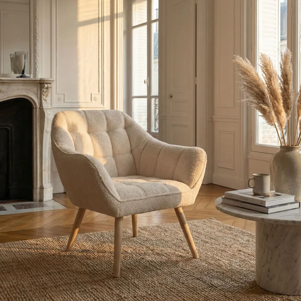 Fauteuil scandinave Zentao Tissu bouclette Beige