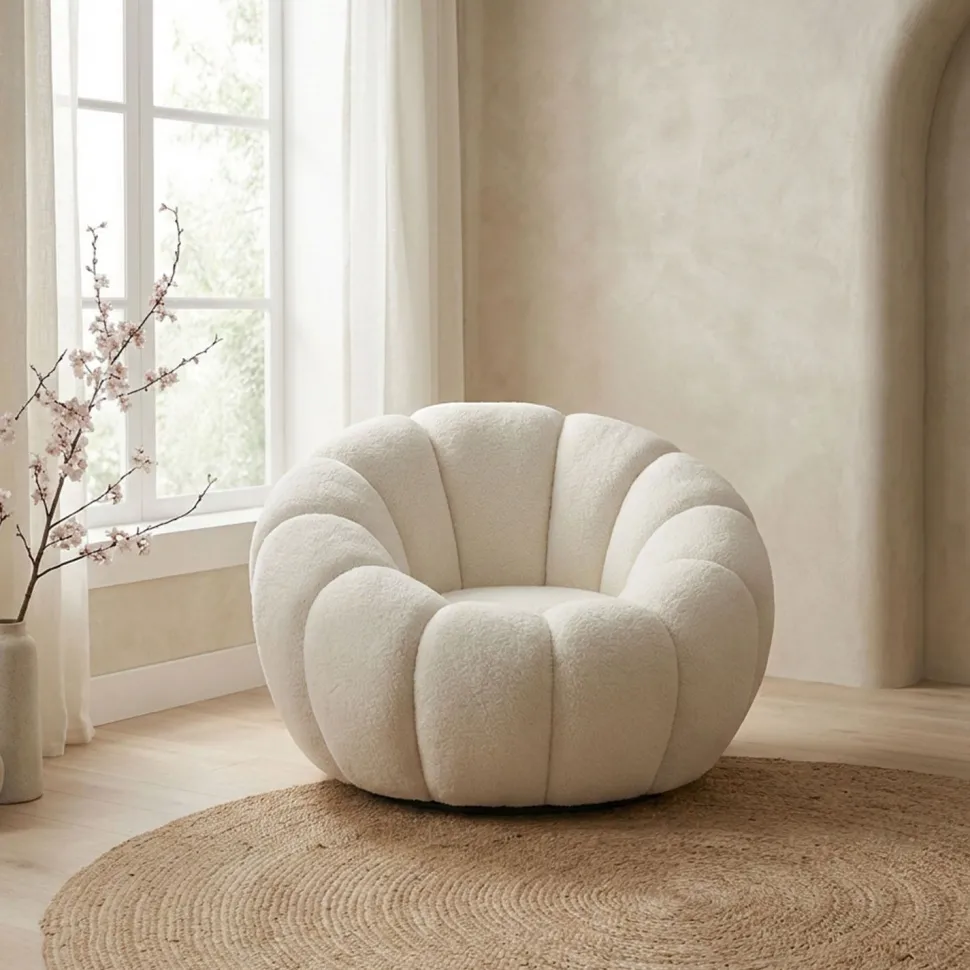 Fauteuil tournant design coquillage Arielina Tissu bouclette Beige