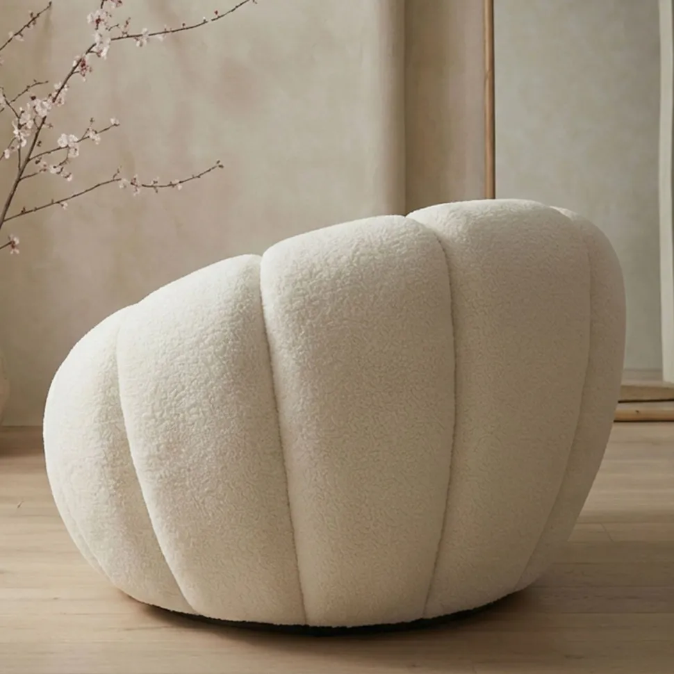Fauteuil tournant design coquillage Arielina Tissu bouclette Beige
