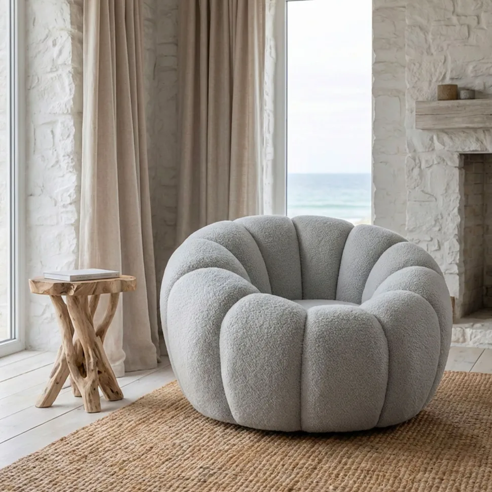 Fauteuil tournant design coquillage Arielina Tissu bouclette Gris