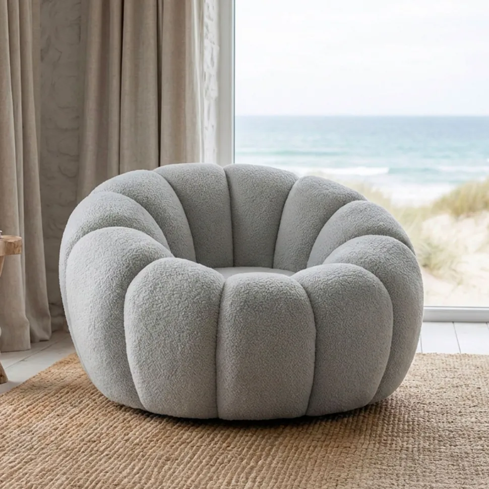 Fauteuil tournant design coquillage Arielina Tissu bouclette Gris