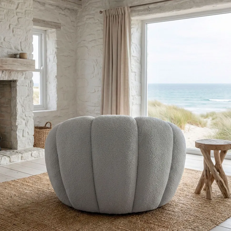 Fauteuil tournant design coquillage Arielina Tissu bouclette Gris