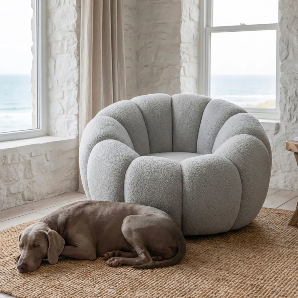 Fauteuil tournant design coquillage Arielina Tissu bouclette Gris