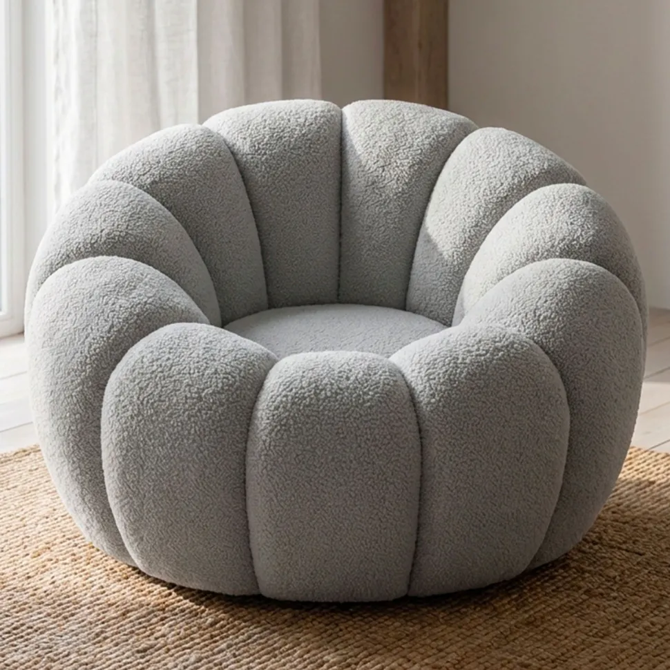 Fauteuil tournant design coquillage Arielina Tissu bouclette Gris