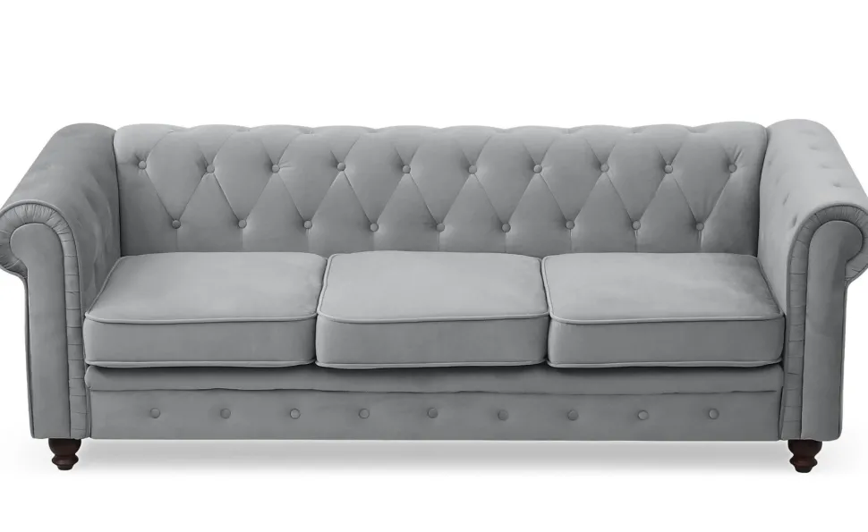 Grand canapé 3 places Chesterfield Velours Argent