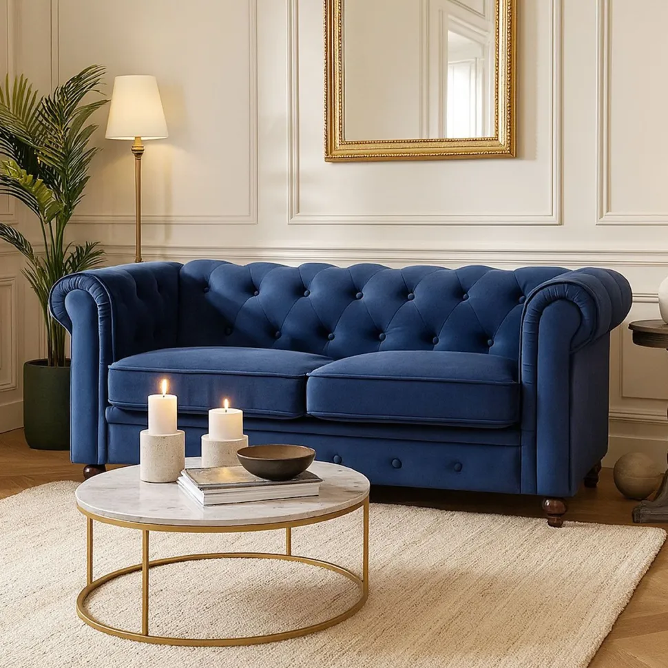 Grand canapé 2 places Chesterfield Velours Bleu