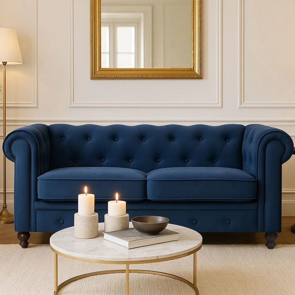Grand canapé 2 places Chesterfield Velours Bleu