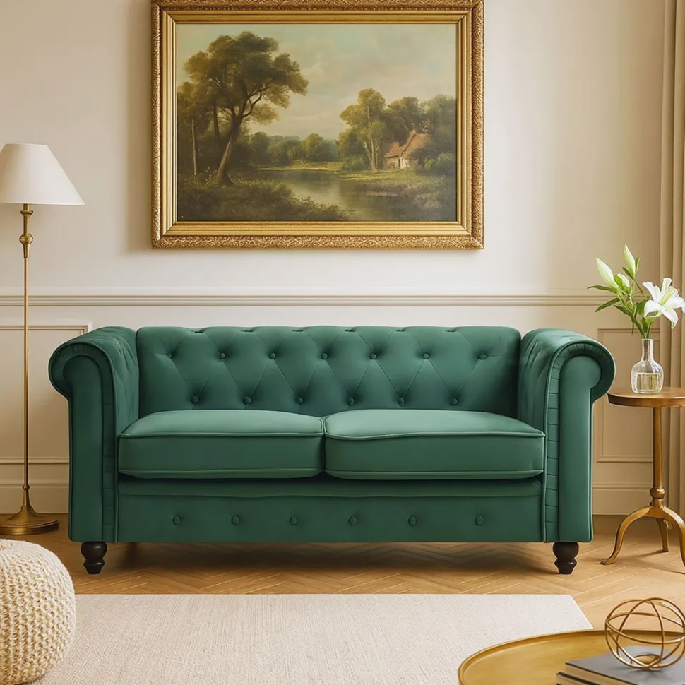 Grand canapé 2 places Chesterfield Velours Vert