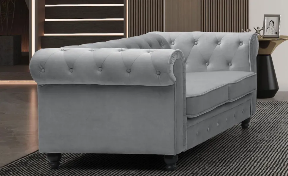 Grand canapé 2 places Chesterfield Velours Argent
