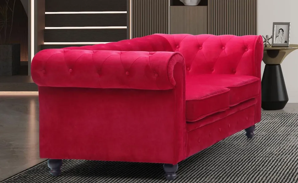 Grand canapé 2 places Chesterfield Velours Rouge