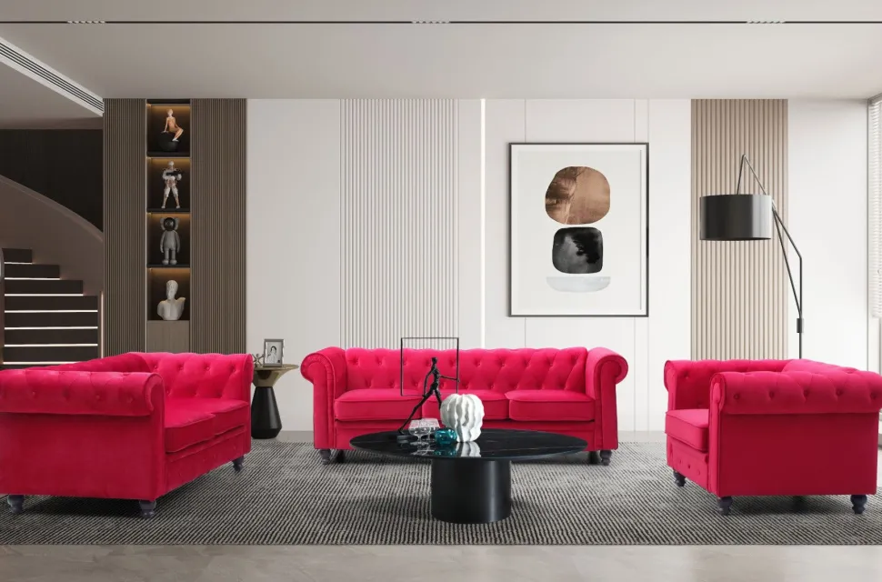 Grand canapé 2 places Chesterfield Velours Rouge