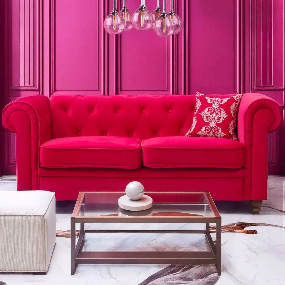 Grand canapé 2 places Chesterfield Velours Rouge