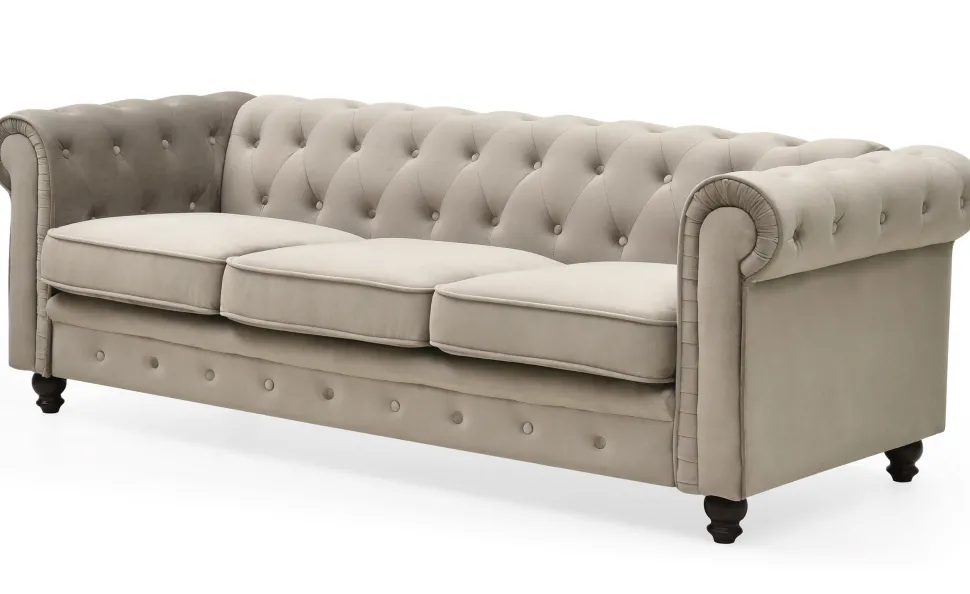 Grand canapé 3 places Chesterfield Velours Taupe