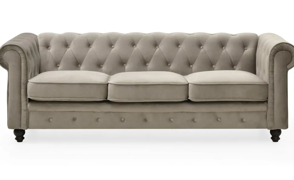 Grand canapé 3 places Chesterfield Velours Taupe