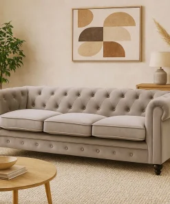 Grand canapé 3 places Chesterfield Velours Taupe