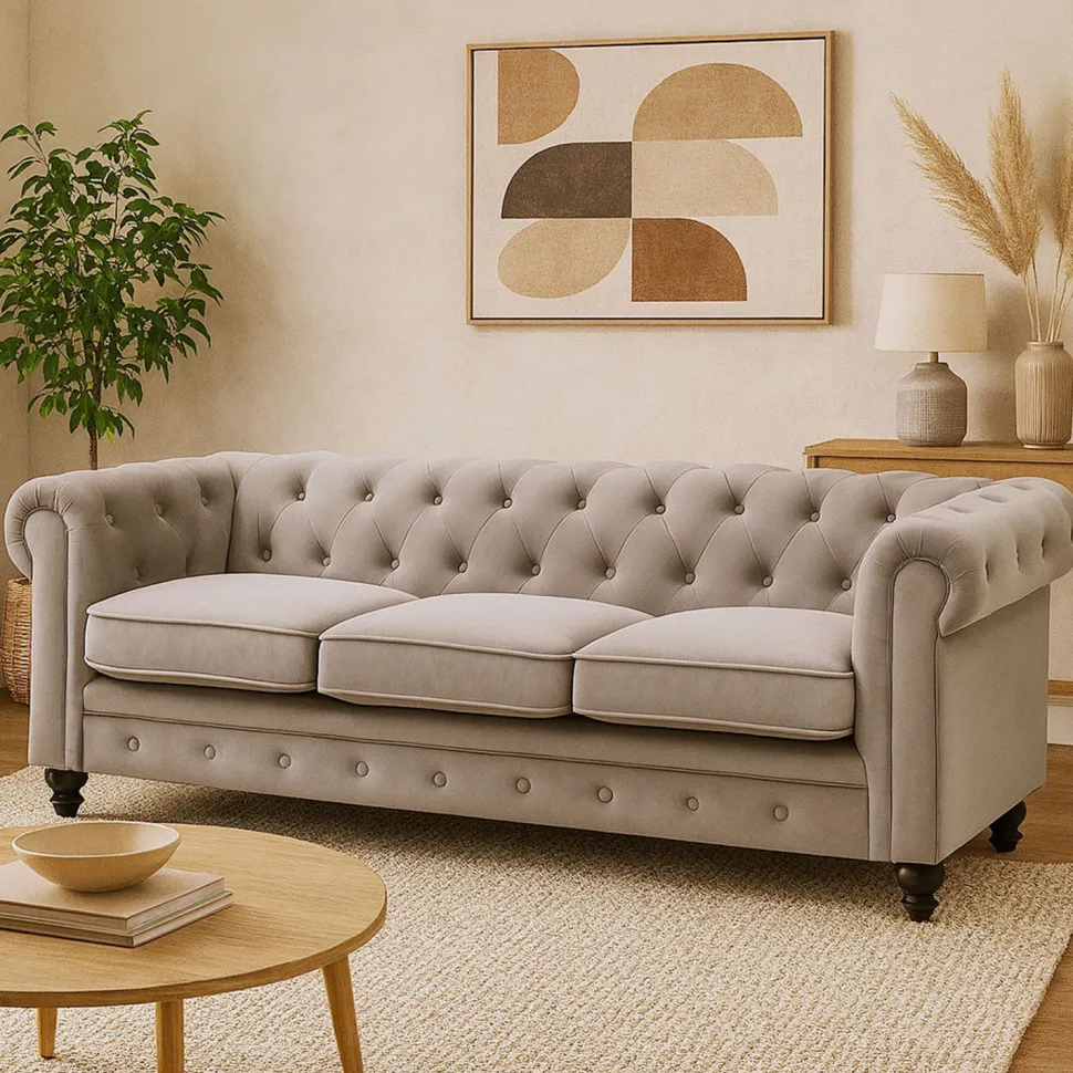 Grand canapé 3 places Chesterfield Velours Taupe