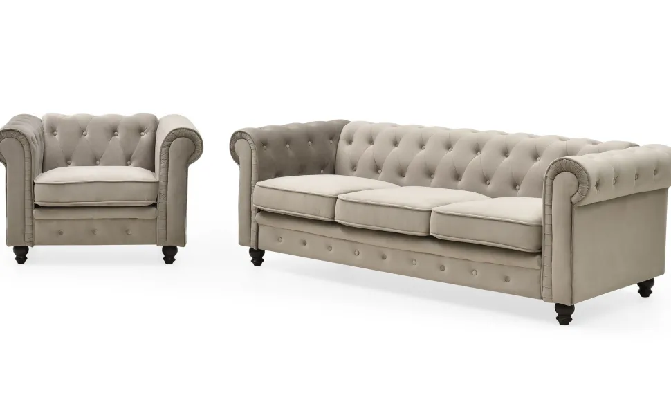 Grand canapé 3 places Chesterfield Velours Taupe