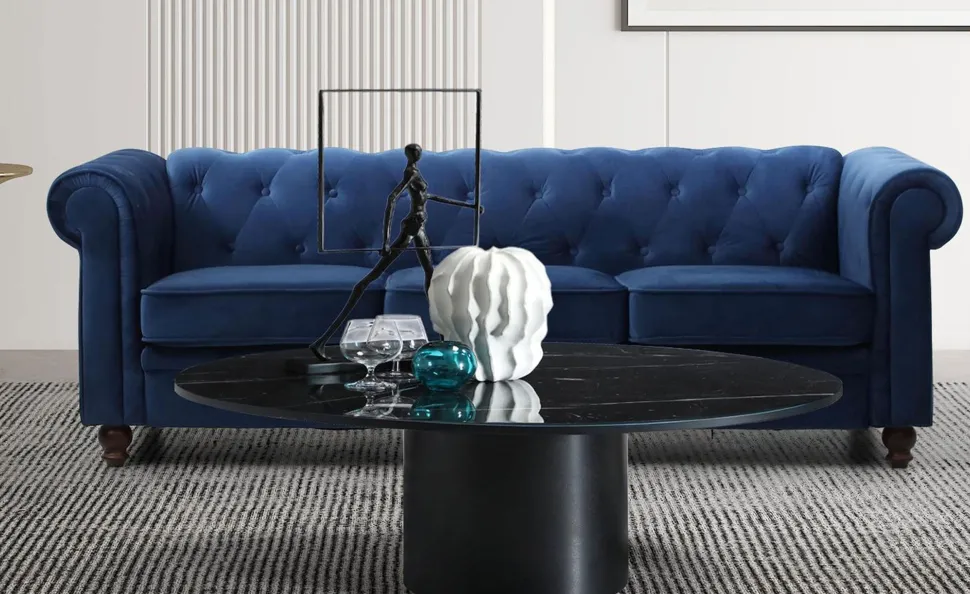 Grand canapé 3 places Chesterfield Velours Bleu