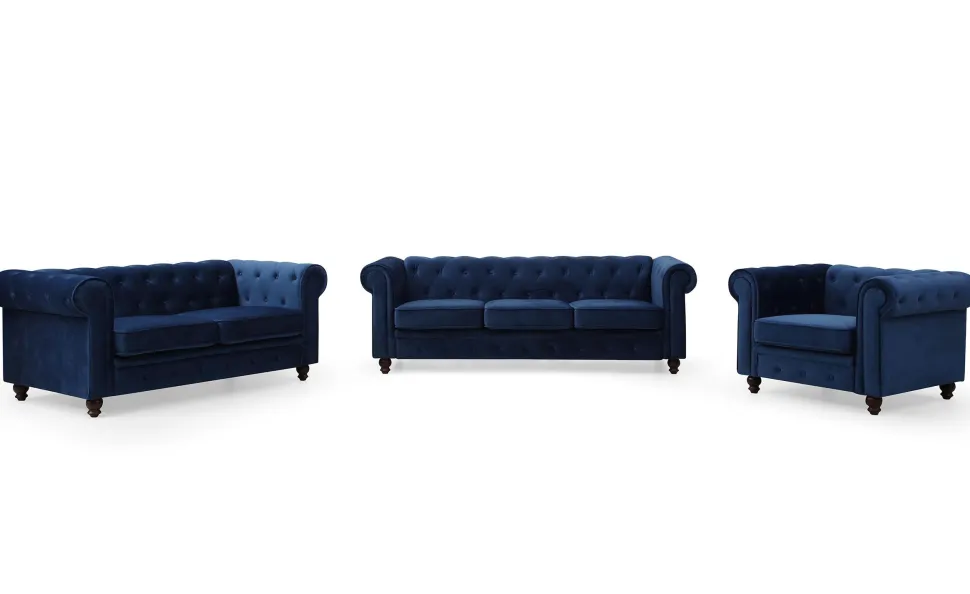 Grand canapé 3 places Chesterfield Velours Bleu
