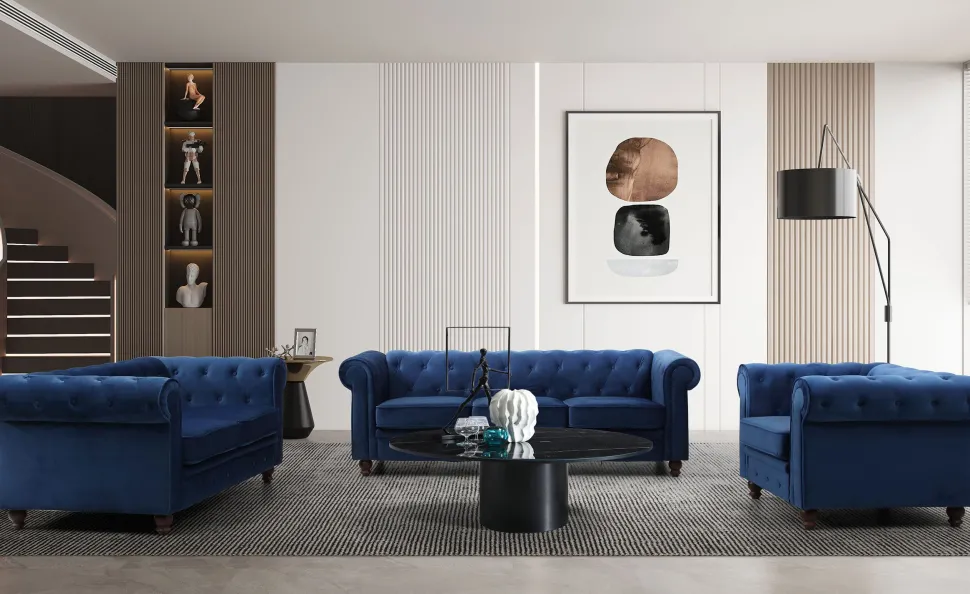 Grand canapé 3 places Chesterfield Velours Bleu