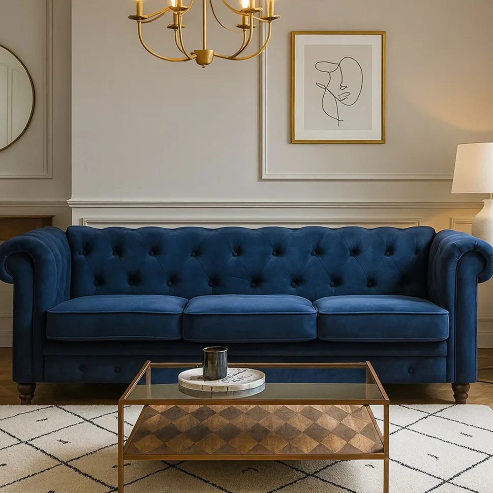 Grand canapé 3 places Chesterfield Velours Bleu