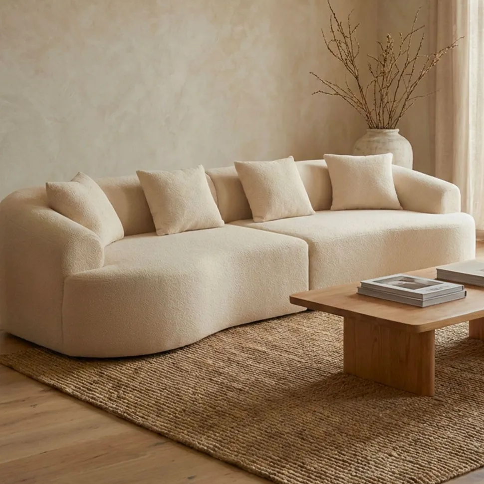 Grand canapé incurvé 5 places Harmonia Tissu teddy Beige