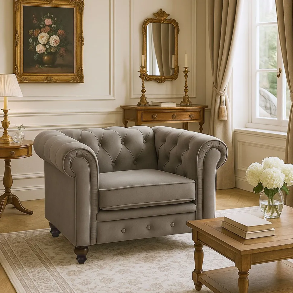 Grand fauteuil Chesterfield velours Taupe